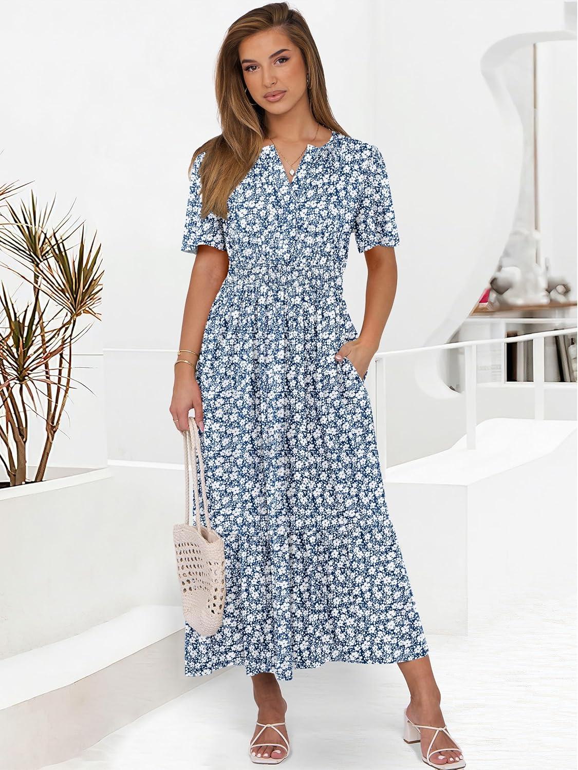 imageANRABESS Womens Summer Short Sleeve Maxi Dress 2025 Casual V Neck High Waist ALine Flowy Loose Tiered Boho Long DressesBlue White Floral
