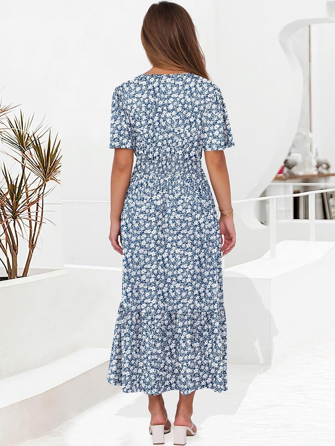 imageANRABESS Womens Summer Short Sleeve Maxi Dress 2025 Casual V Neck High Waist ALine Flowy Loose Tiered Boho Long DressesBlue White Floral