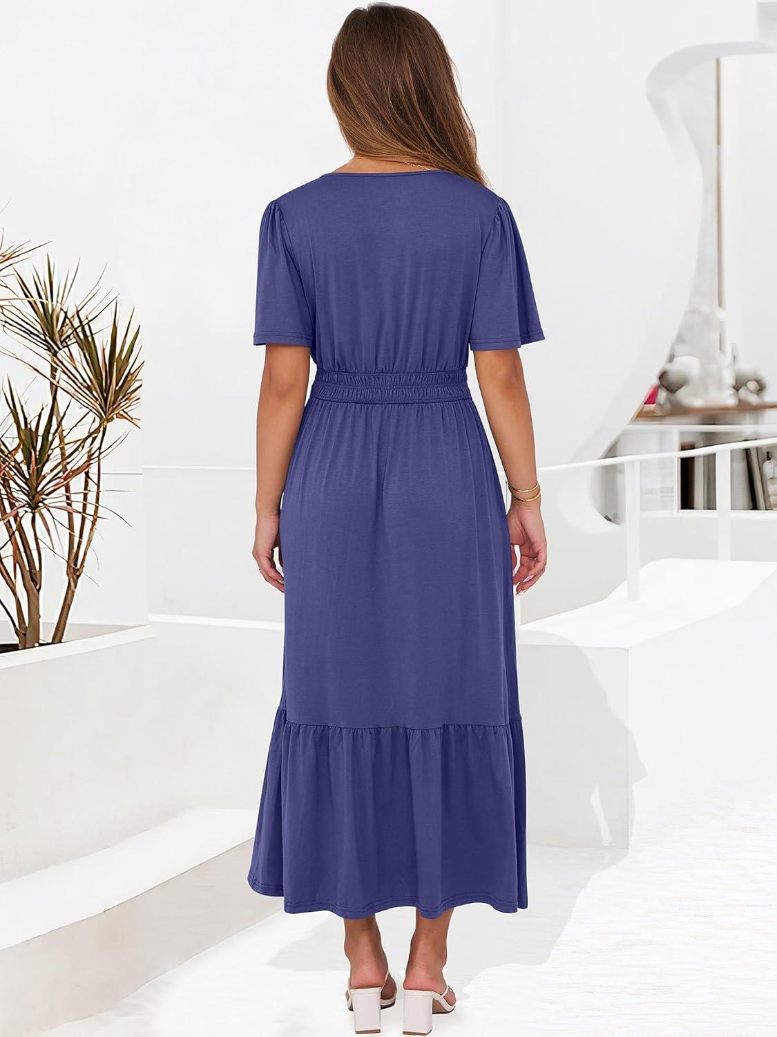 imageANRABESS Womens Summer Short Sleeve Maxi Dress 2025 Casual V Neck High Waist ALine Flowy Loose Tiered Boho Long DressesNavy Blue