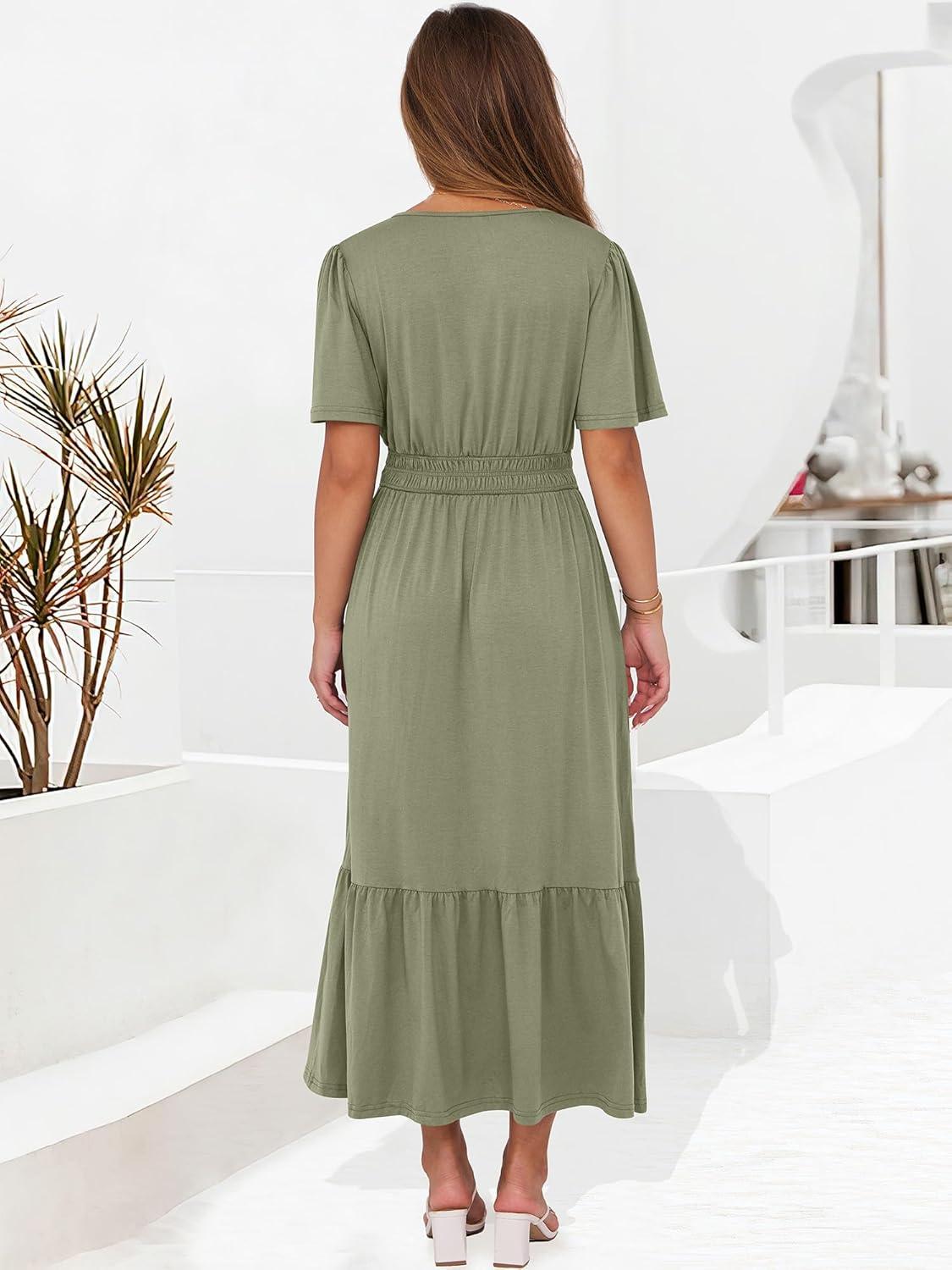 imageANRABESS Womens Summer Short Sleeve Maxi Dress 2025 Casual V Neck High Waist ALine Flowy Loose Tiered Boho Long DressesOlive Green