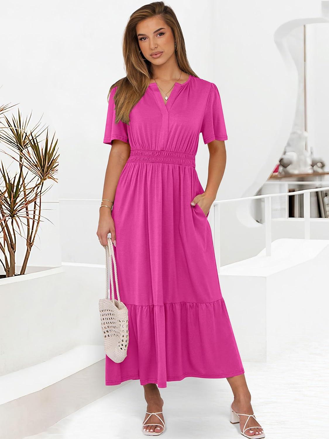 imageANRABESS Womens Summer Short Sleeve Maxi Dress 2025 Casual V Neck High Waist ALine Flowy Loose Tiered Boho Long DressesRed