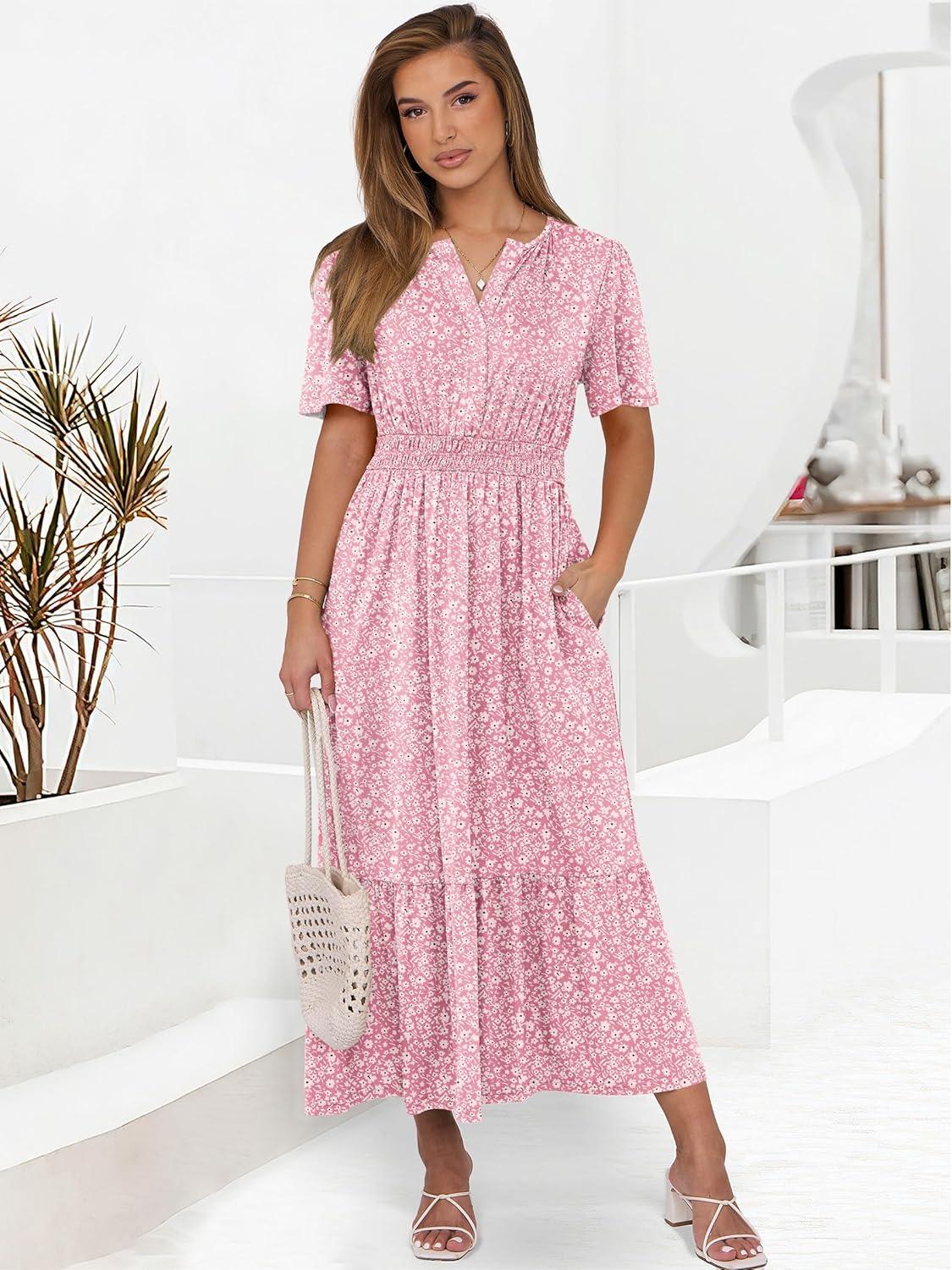 imageANRABESS Womens Summer Short Sleeve Maxi Dress 2025 Casual V Neck High Waist ALine Flowy Loose Tiered Boho Long DressesRed Pink Floral