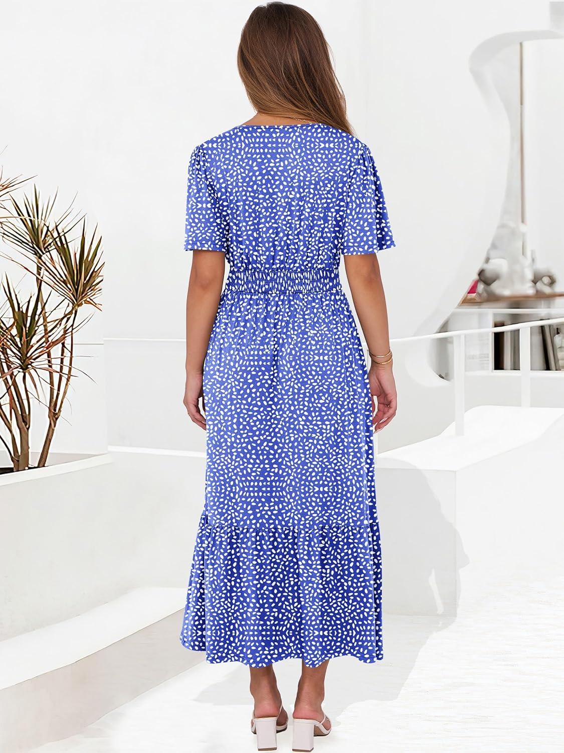 imageANRABESS Womens Summer Short Sleeve Maxi Dress 2025 Casual V Neck High Waist ALine Flowy Loose Tiered Boho Long DressesRoyal Blue Floral
