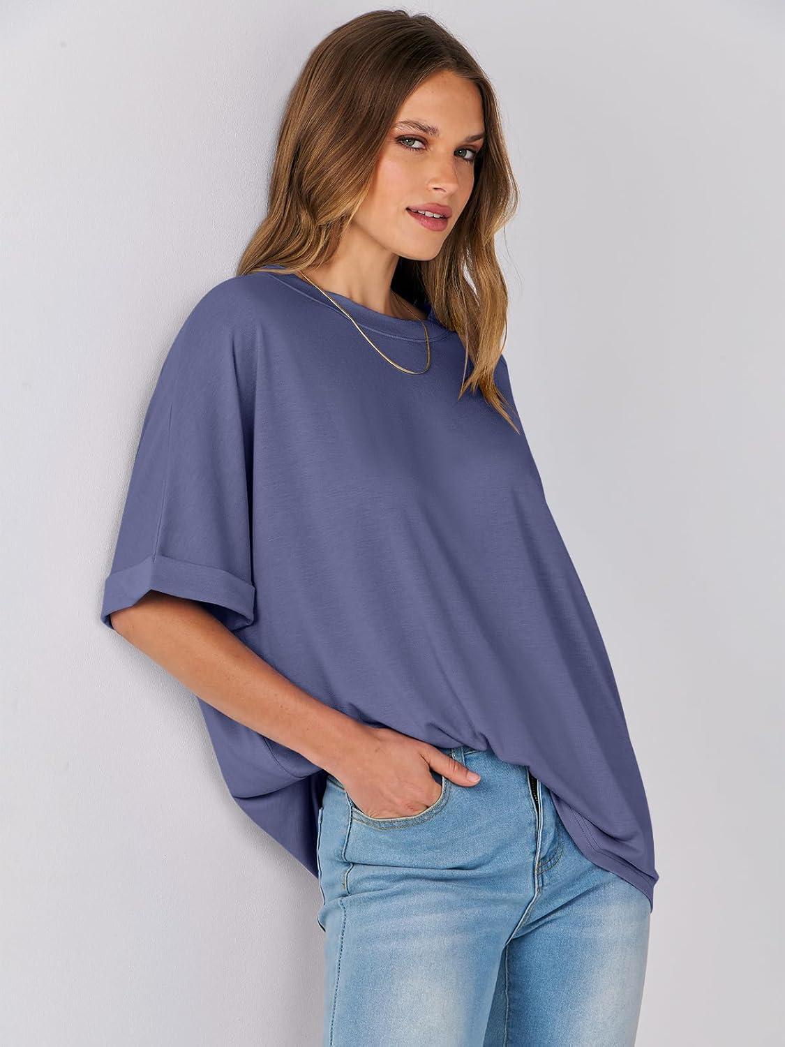 imageANRABESS Womens Tops Oversized T Shirts Short Sleeve Crewneck Summer Casual Loose Basic Tee Shirt 2025 Trendy Fashion ClothesBlue Gray