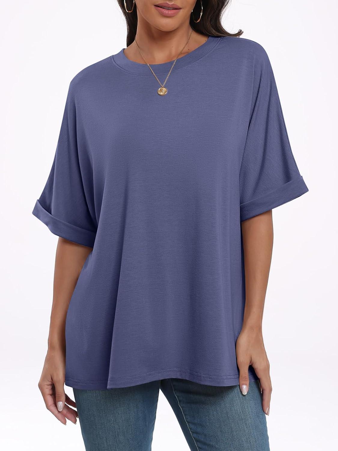 imageANRABESS Womens Tops Oversized T Shirts Short Sleeve Crewneck Summer Casual Loose Basic Tee Shirt 2025 Trendy Fashion ClothesBlue Gray