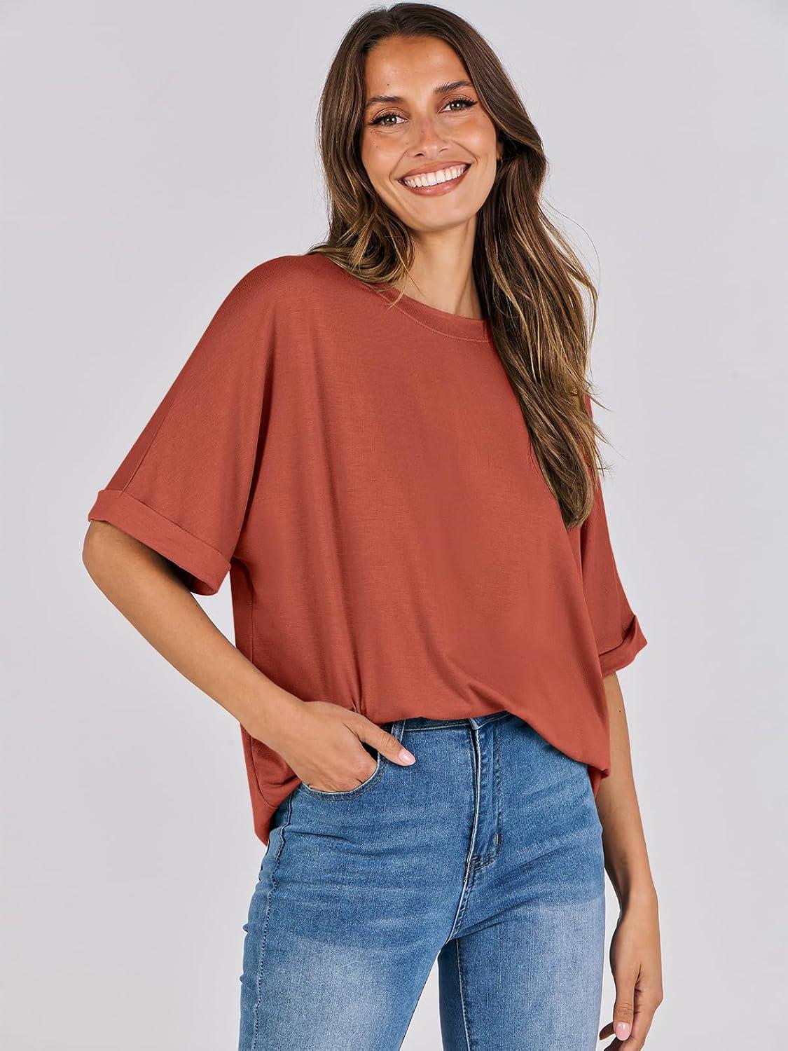 imageANRABESS Womens Tops Oversized T Shirts Short Sleeve Crewneck Summer Casual Loose Basic Tee Shirt 2025 Trendy Fashion ClothesBrick Red