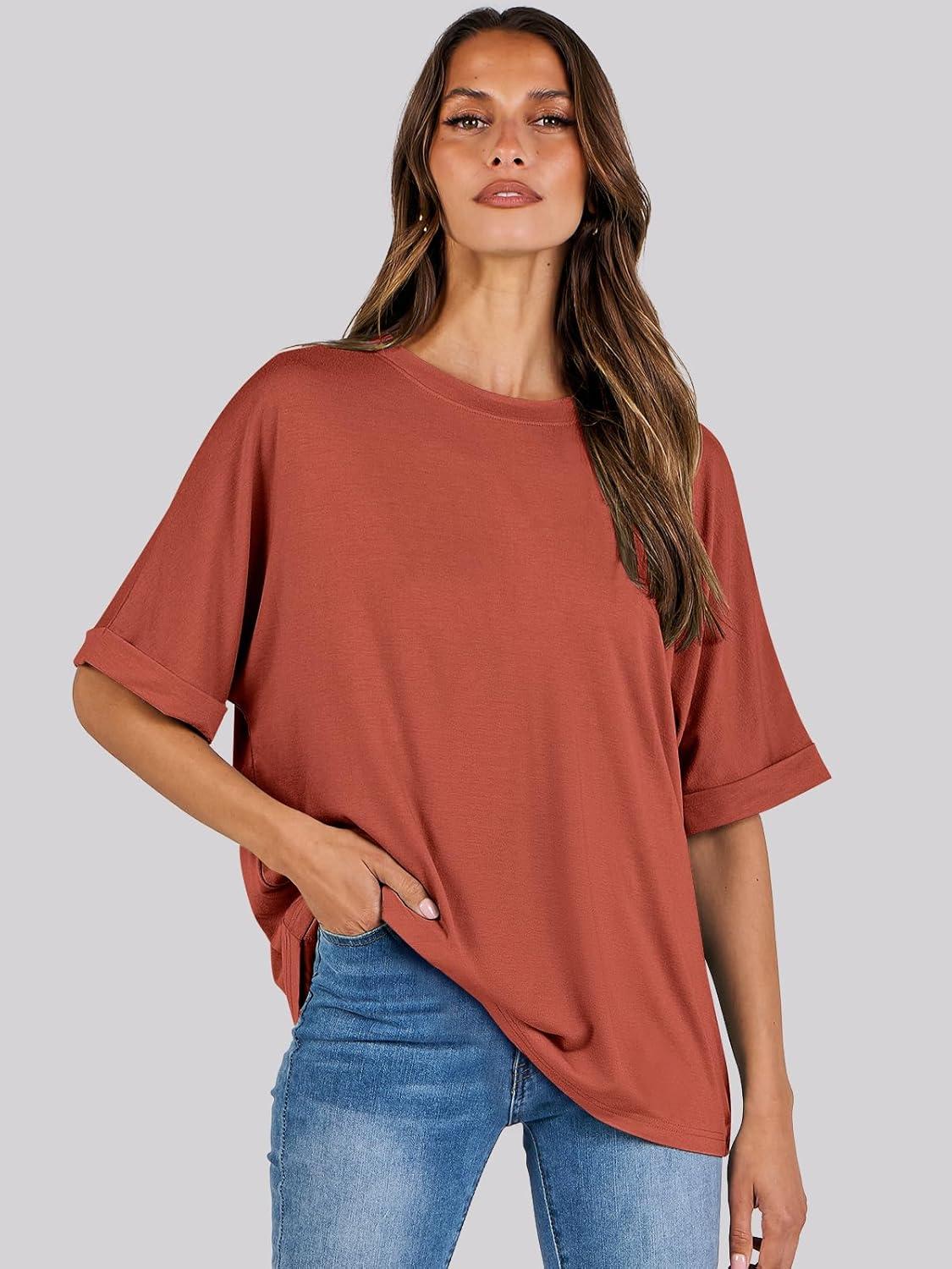 imageANRABESS Womens Tops Oversized T Shirts Short Sleeve Crewneck Summer Casual Loose Basic Tee Shirt 2025 Trendy Fashion ClothesBrick Red