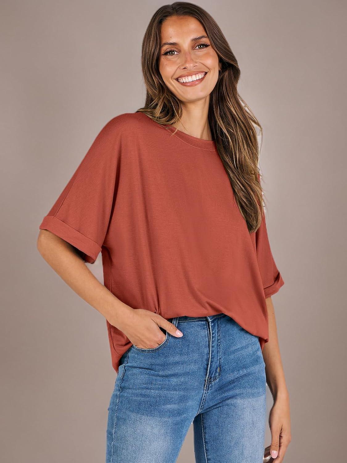imageANRABESS Womens Tops Oversized T Shirts Short Sleeve Crewneck Summer Casual Loose Basic Tee Shirt 2025 Trendy Fashion ClothesBrick Red