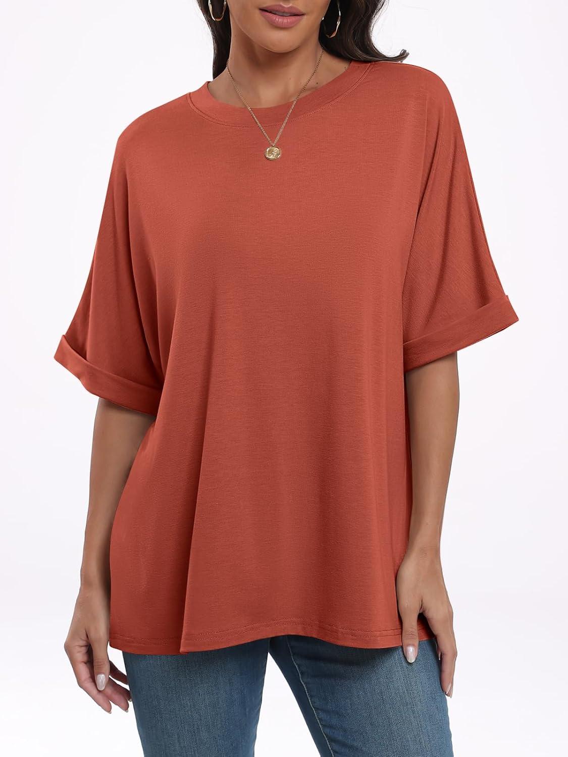 imageANRABESS Womens Tops Oversized T Shirts Short Sleeve Crewneck Summer Casual Loose Basic Tee Shirt 2025 Trendy Fashion ClothesBrick Red