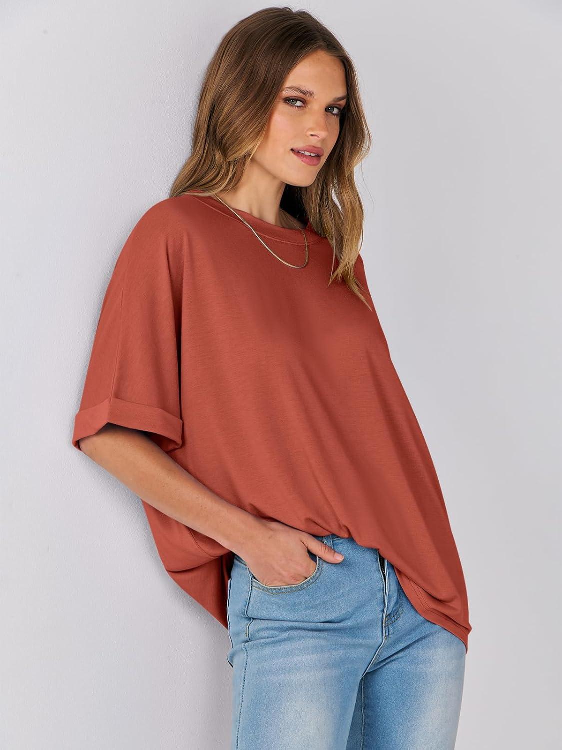 imageANRABESS Womens Tops Oversized T Shirts Short Sleeve Crewneck Summer Casual Loose Basic Tee Shirt 2025 Trendy Fashion ClothesBrick Red