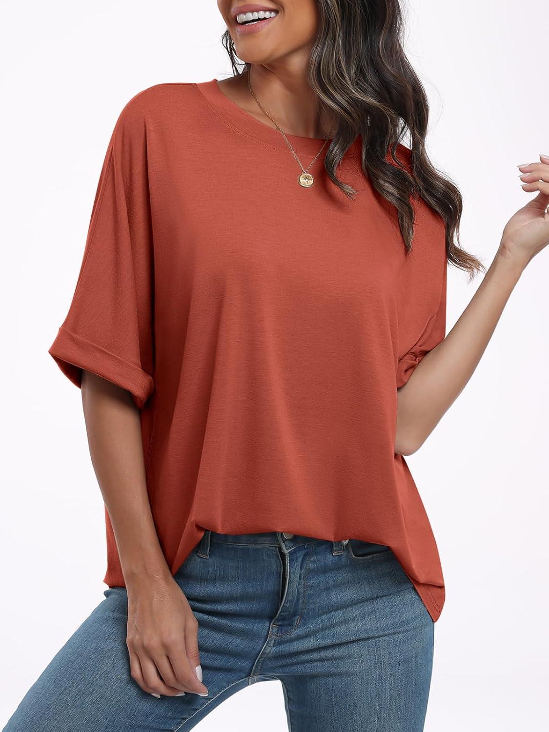 imageANRABESS Womens Tops Oversized T Shirts Short Sleeve Crewneck Summer Casual Loose Basic Tee Shirt 2025 Trendy Fashion ClothesBrick Red