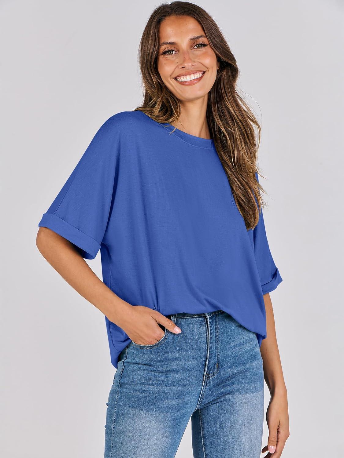 imageANRABESS Womens Tops Oversized T Shirts Short Sleeve Crewneck Summer Casual Loose Basic Tee Shirt 2025 Trendy Fashion ClothesBright Blue