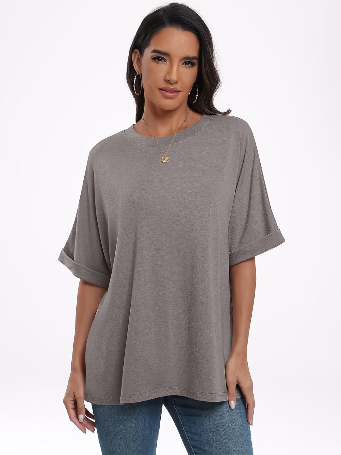 imageANRABESS Womens Tops Oversized T Shirts Short Sleeve Crewneck Summer Casual Loose Basic Tee Shirt 2025 Trendy Fashion ClothesBrown
