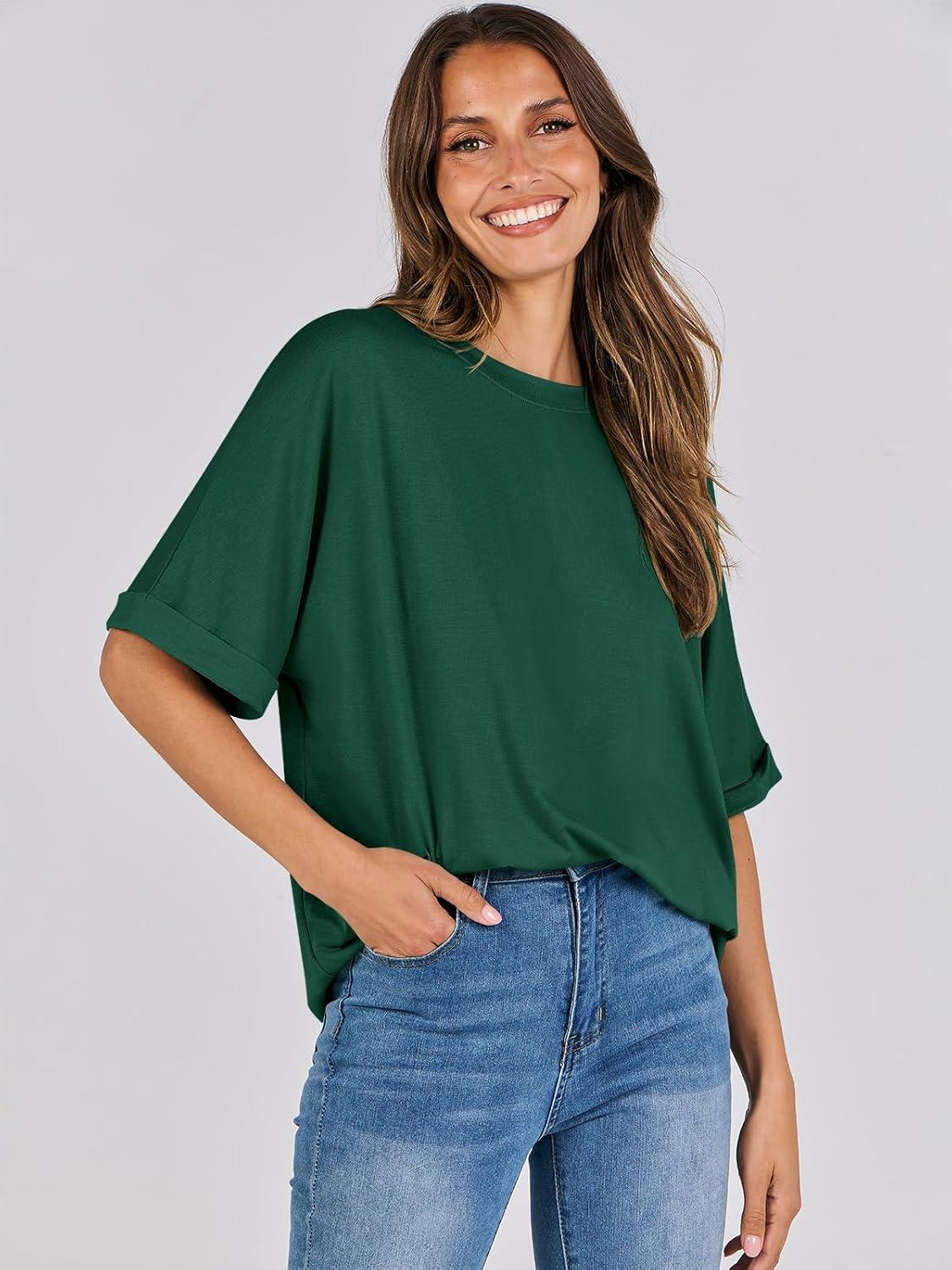 imageANRABESS Womens Tops Oversized T Shirts Short Sleeve Crewneck Summer Casual Loose Basic Tee Shirt 2025 Trendy Fashion ClothesDark Green