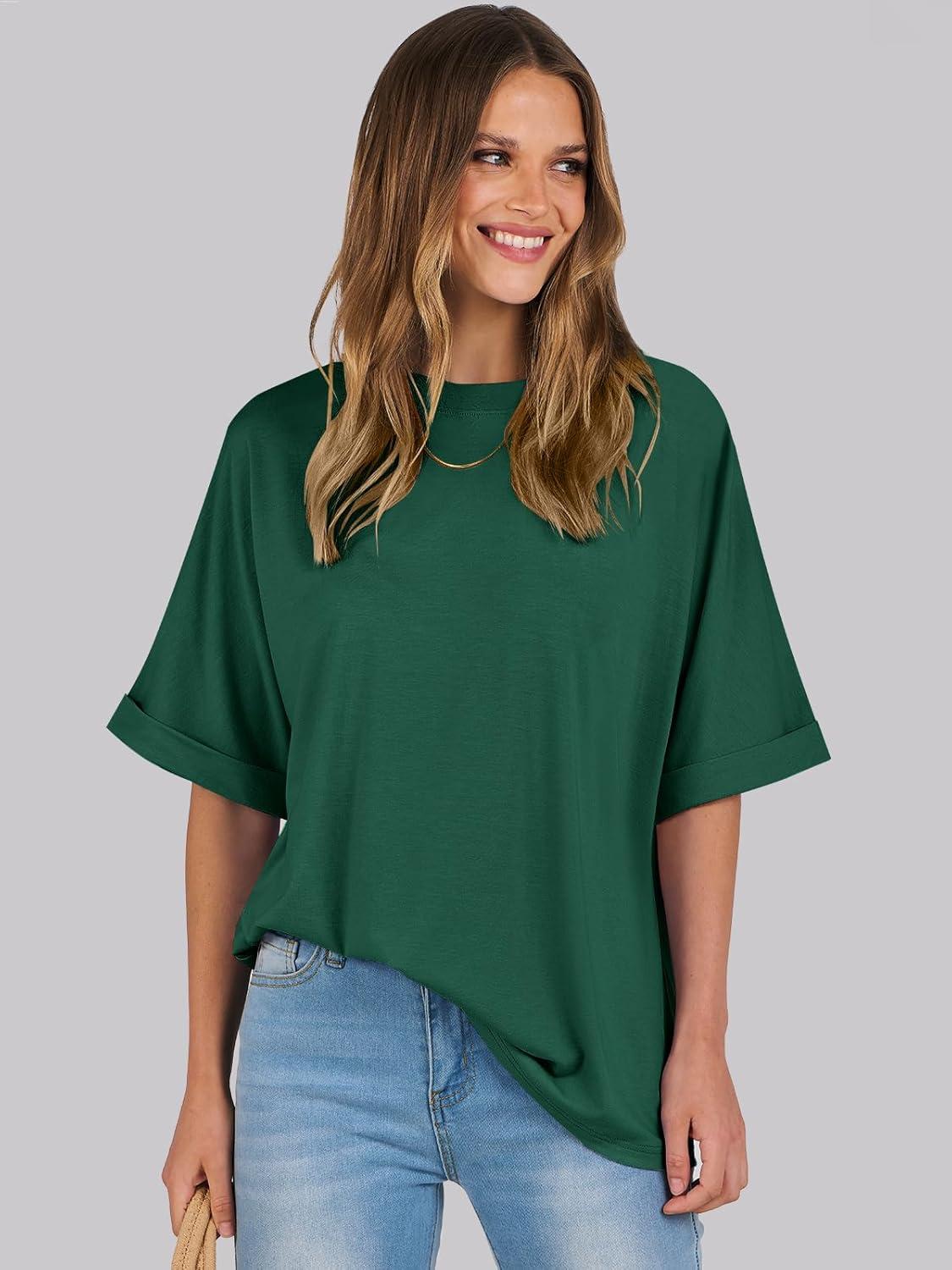 imageANRABESS Womens Tops Oversized T Shirts Short Sleeve Crewneck Summer Casual Loose Basic Tee Shirt 2025 Trendy Fashion ClothesDark Green