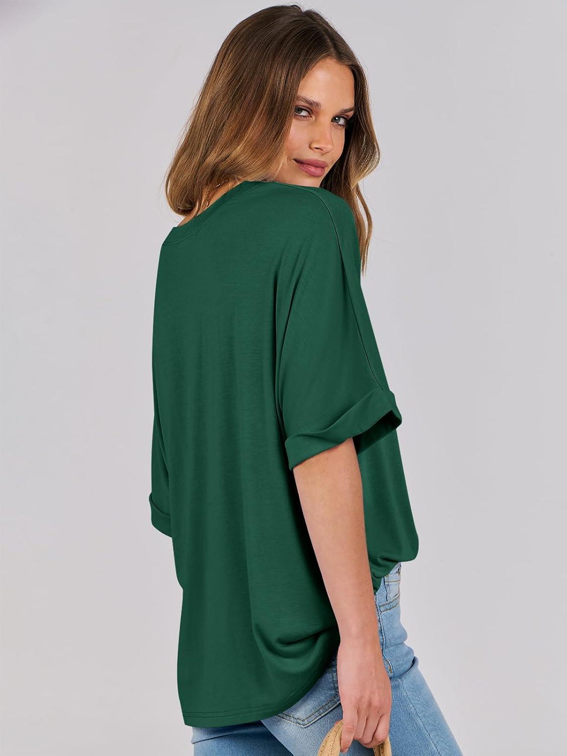 imageANRABESS Womens Tops Oversized T Shirts Short Sleeve Crewneck Summer Casual Loose Basic Tee Shirt 2025 Trendy Fashion ClothesDark Green