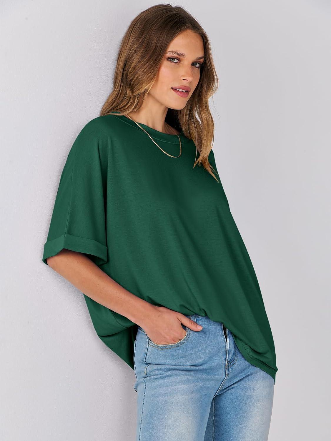 imageANRABESS Womens Tops Oversized T Shirts Short Sleeve Crewneck Summer Casual Loose Basic Tee Shirt 2025 Trendy Fashion ClothesDark Green