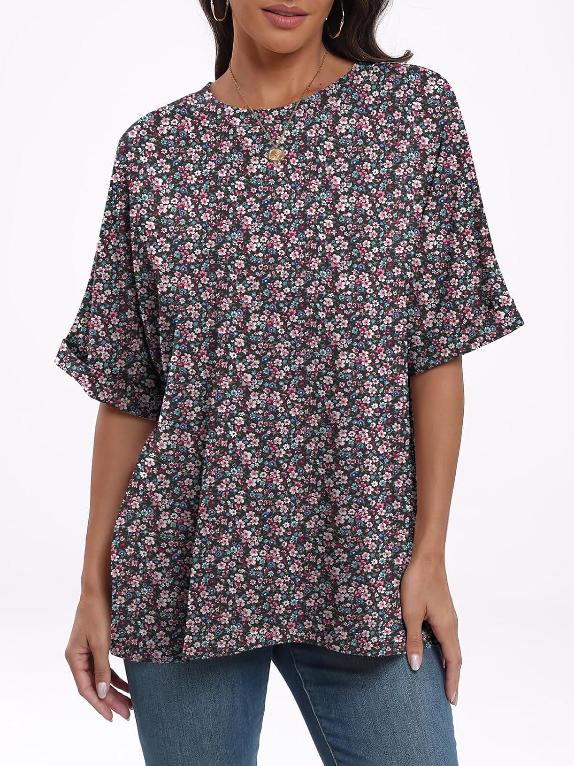 imageANRABESS Womens Tops Oversized T Shirts Short Sleeve Crewneck Summer Casual Loose Basic Tee Shirt 2025 Trendy Fashion ClothesFloral Black