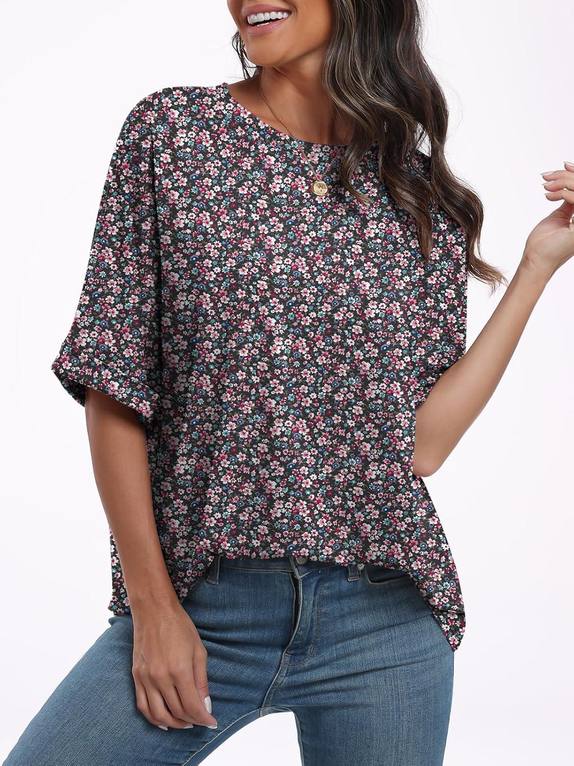 imageANRABESS Womens Tops Oversized T Shirts Short Sleeve Crewneck Summer Casual Loose Basic Tee Shirt 2025 Trendy Fashion ClothesFloral Black