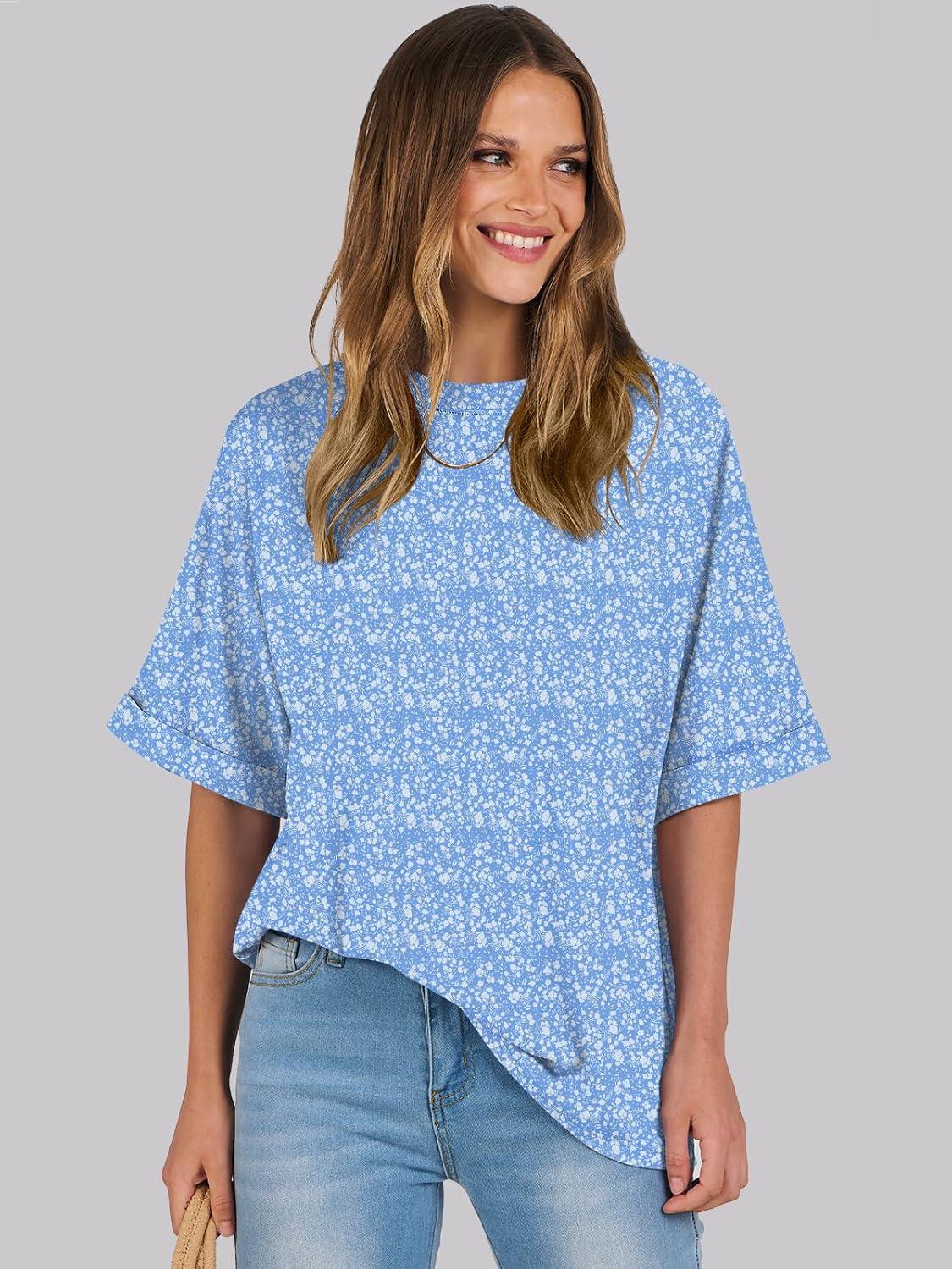 imageANRABESS Womens Tops Oversized T Shirts Short Sleeve Crewneck Summer Casual Loose Basic Tee Shirt 2025 Trendy Fashion ClothesFloral Blue
