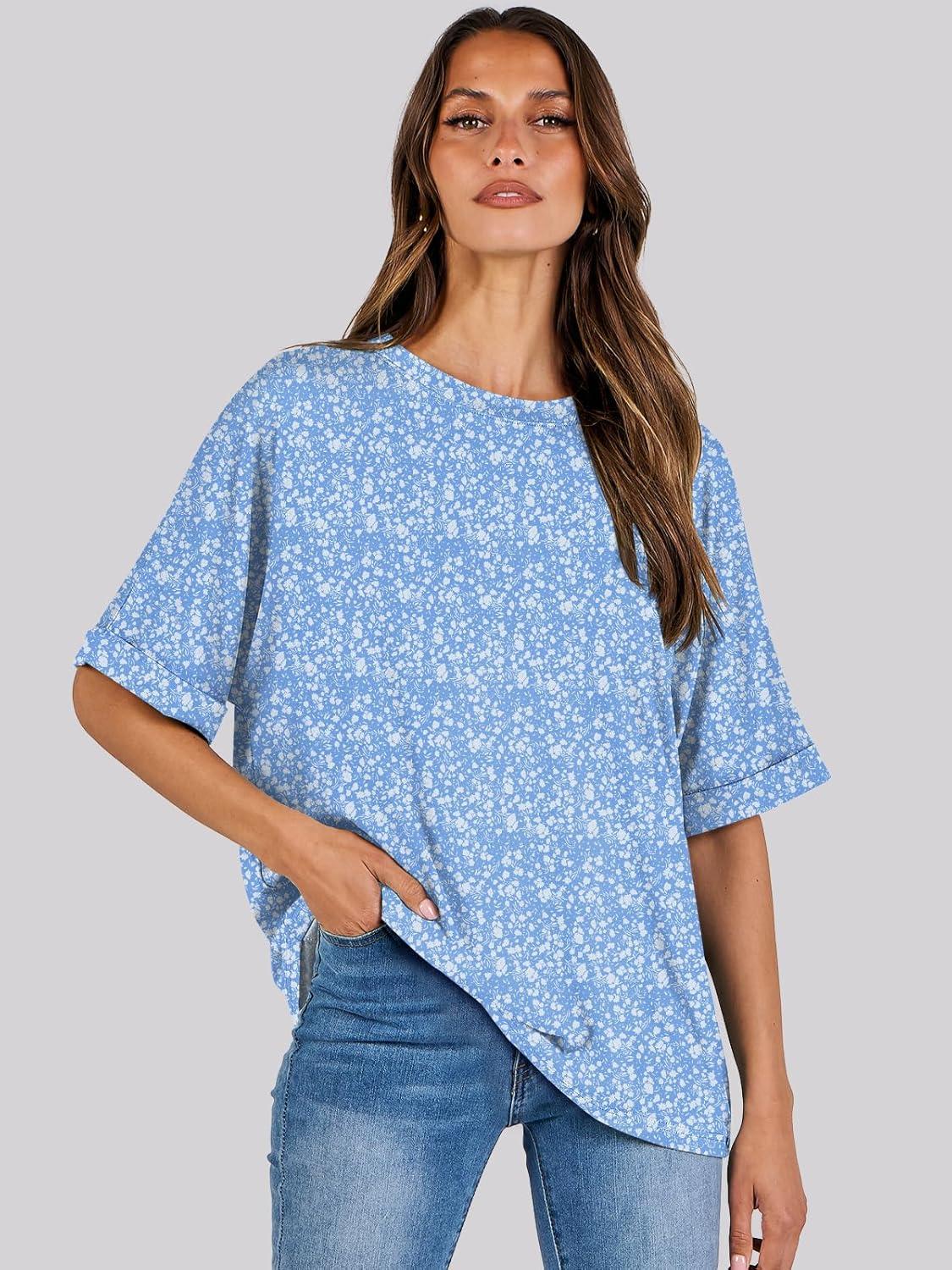 imageANRABESS Womens Tops Oversized T Shirts Short Sleeve Crewneck Summer Casual Loose Basic Tee Shirt 2025 Trendy Fashion ClothesFloral Blue