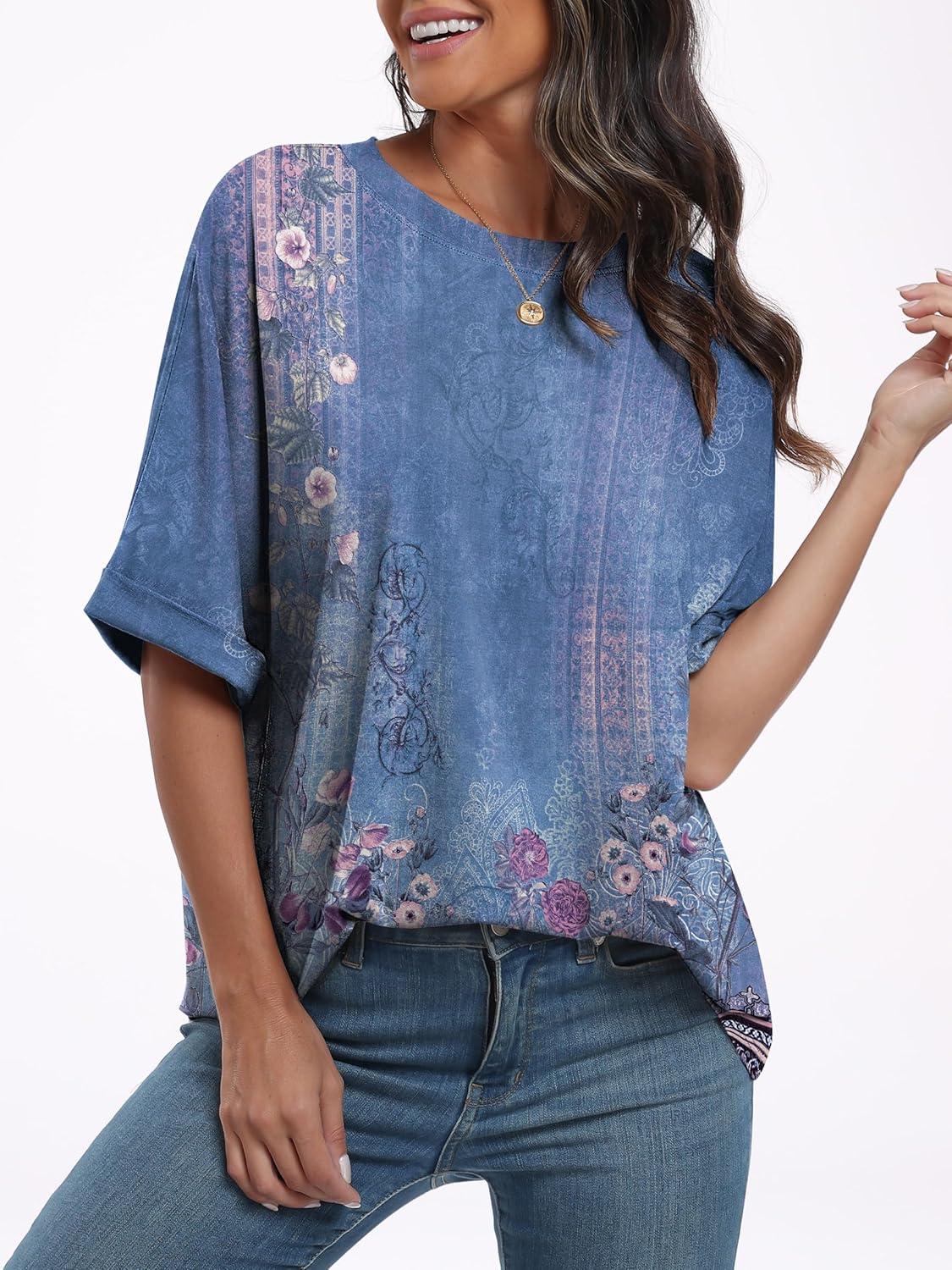 imageANRABESS Womens Tops Oversized T Shirts Short Sleeve Crewneck Summer Casual Loose Basic Tee Shirt 2025 Trendy Fashion ClothesFloral Blue Flower