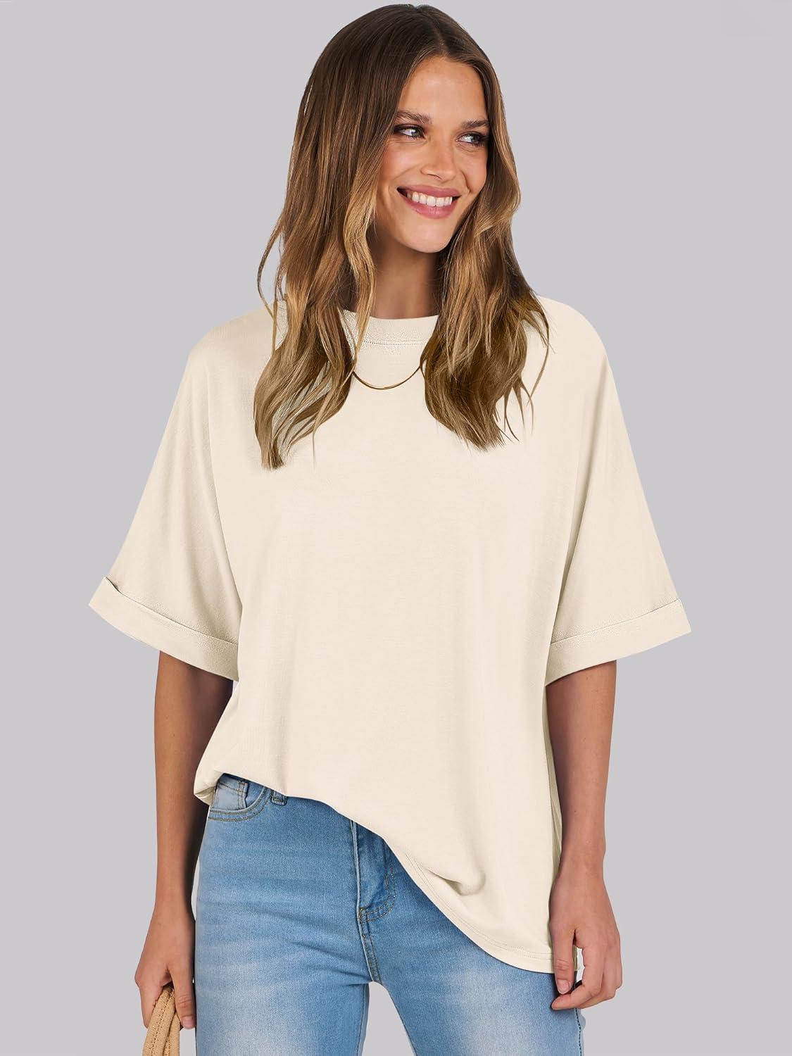 imageANRABESS Womens Tops Oversized T Shirts Short Sleeve Crewneck Summer Casual Loose Basic Tee Shirt 2025 Trendy Fashion ClothesLight Apricot
