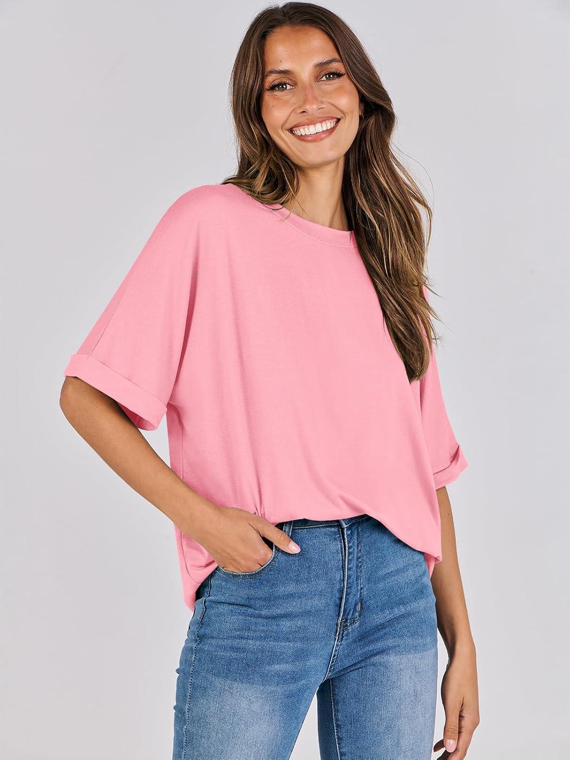 imageANRABESS Womens Tops Oversized T Shirts Short Sleeve Crewneck Summer Casual Loose Basic Tee Shirt 2025 Trendy Fashion ClothesPink