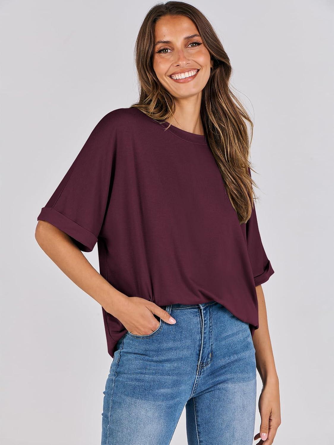 imageANRABESS Womens Tops Oversized T Shirts Short Sleeve Crewneck Summer Casual Loose Basic Tee Shirt 2025 Trendy Fashion ClothesWine