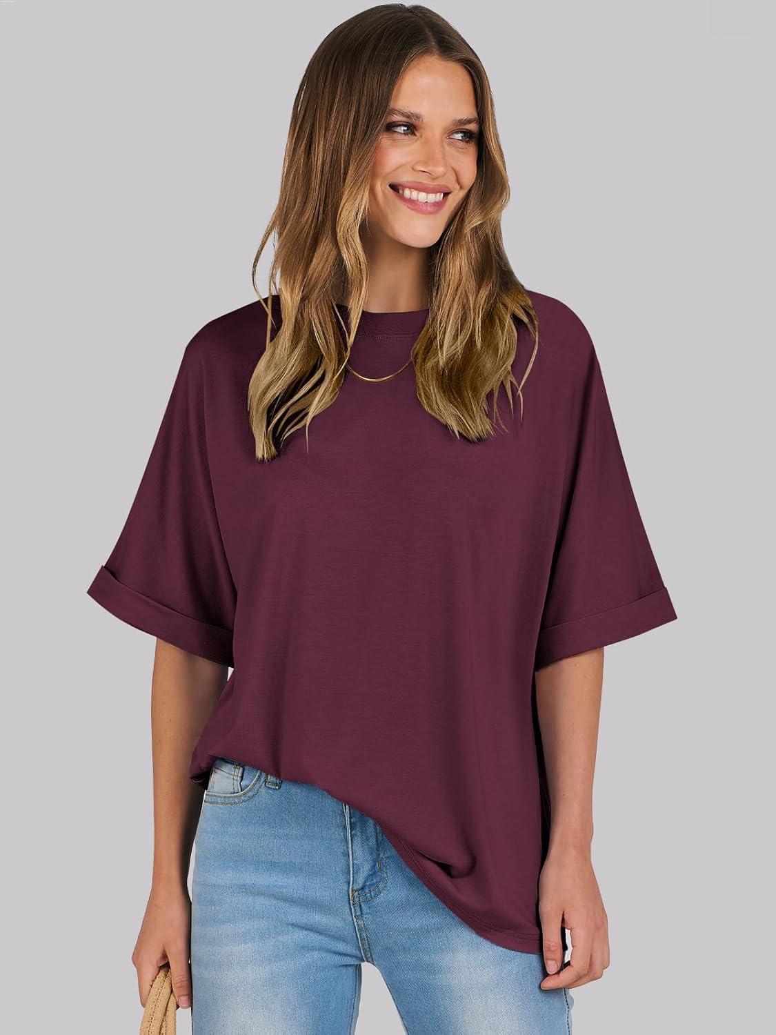 imageANRABESS Womens Tops Oversized T Shirts Short Sleeve Crewneck Summer Casual Loose Basic Tee Shirt 2025 Trendy Fashion ClothesWine