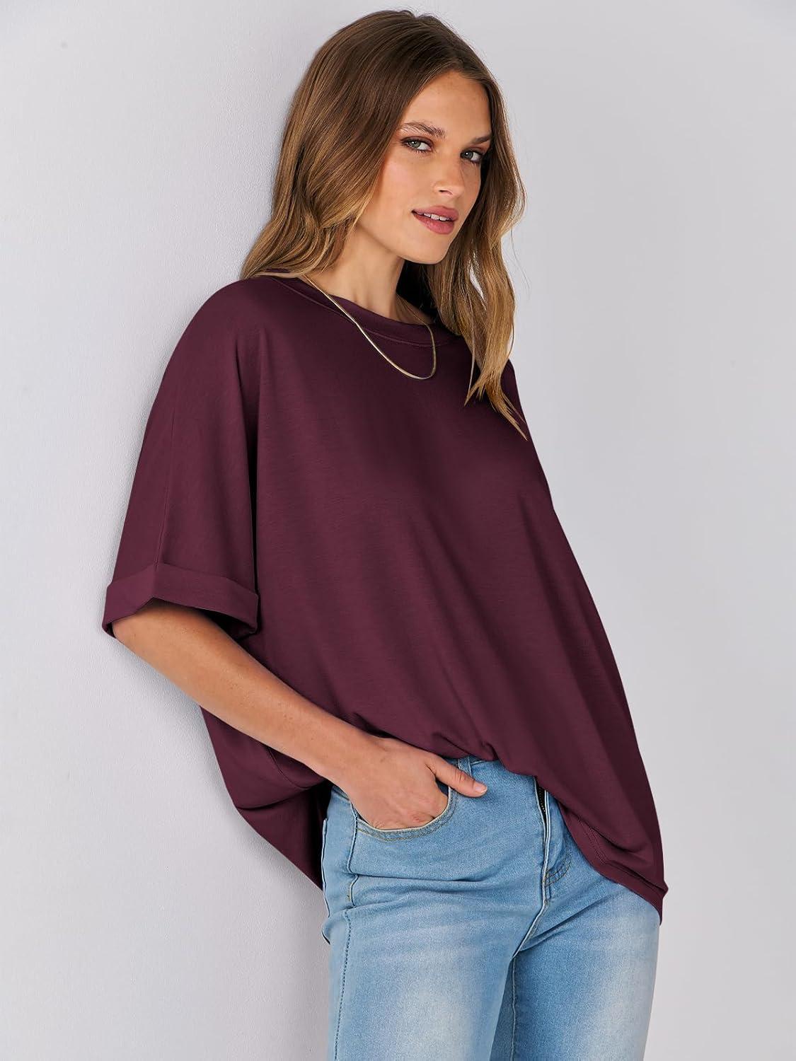 imageANRABESS Womens Tops Oversized T Shirts Short Sleeve Crewneck Summer Casual Loose Basic Tee Shirt 2025 Trendy Fashion ClothesWine