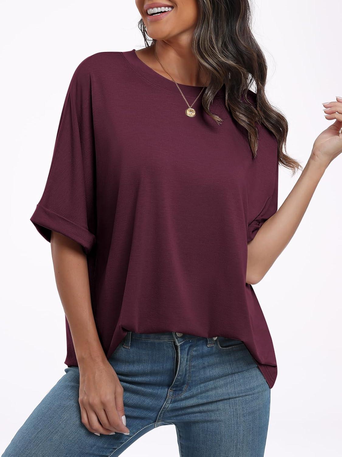 imageANRABESS Womens Tops Oversized T Shirts Short Sleeve Crewneck Summer Casual Loose Basic Tee Shirt 2025 Trendy Fashion ClothesWine