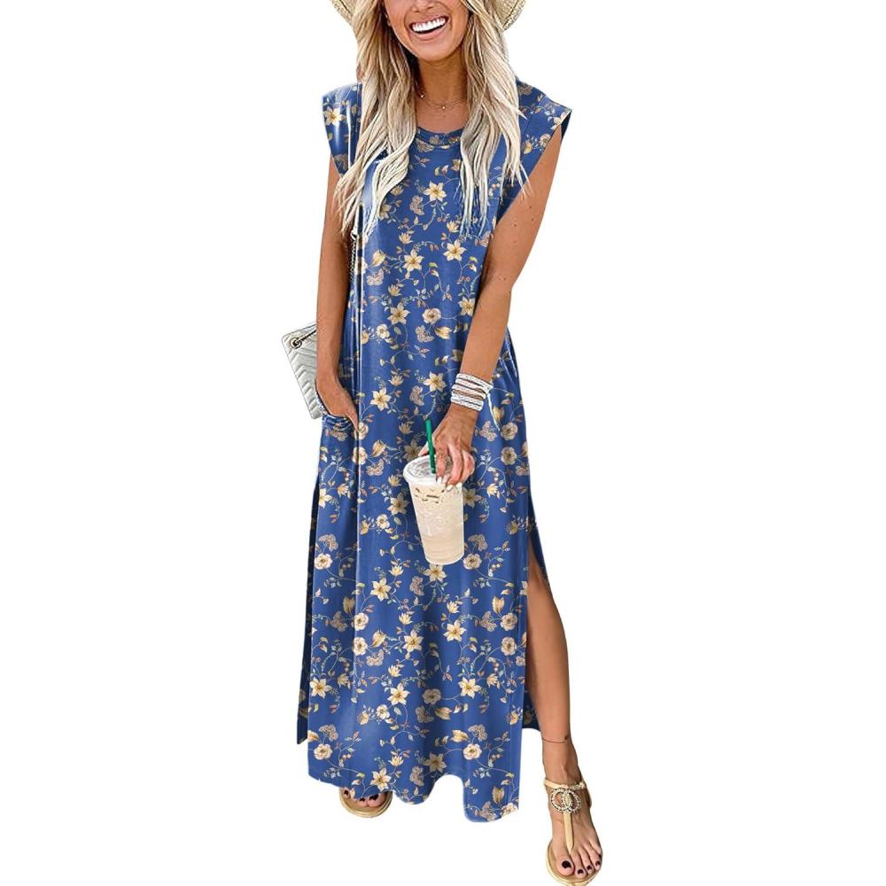 imageANRABESS Summer Dress for Women 2025 Maxi Sundresses Casual Cap Sleeve Crew Neck Loose Split Beach Travel Vacation OutfitsFloral Light Blue
