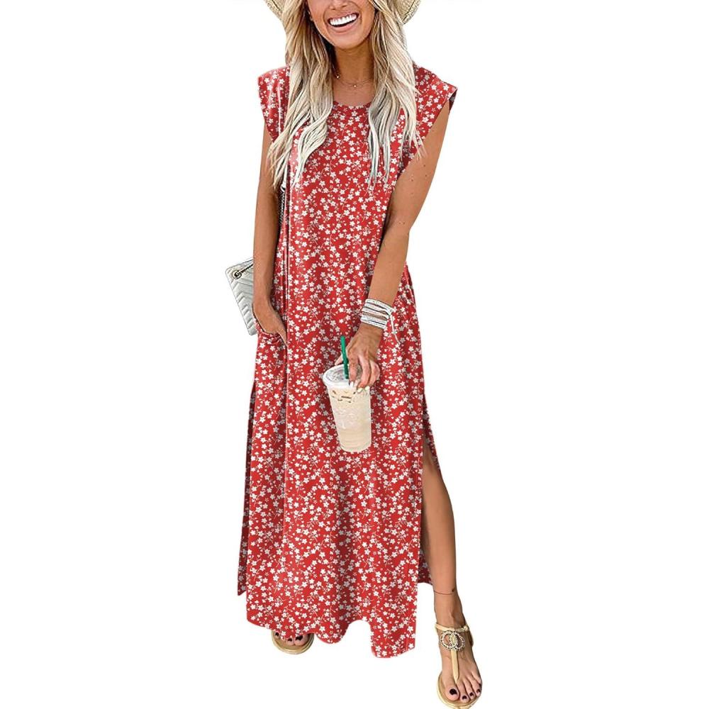 imageANRABESS Summer Dress for Women 2025 Maxi Sundresses Casual Cap Sleeve Crew Neck Loose Split Beach Travel Vacation OutfitsFloral Red
