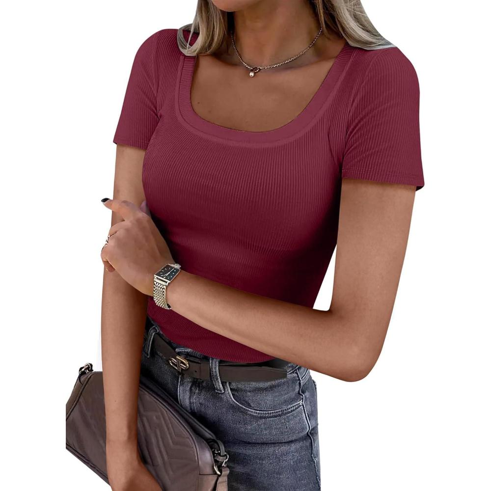imageANRABESS Women Short Sleeve Tops Scoop Neck Ribbed Knit Slim Fitted Basic Tee Shirts 2025 Casual Summer Trendy ClothesDeep Red