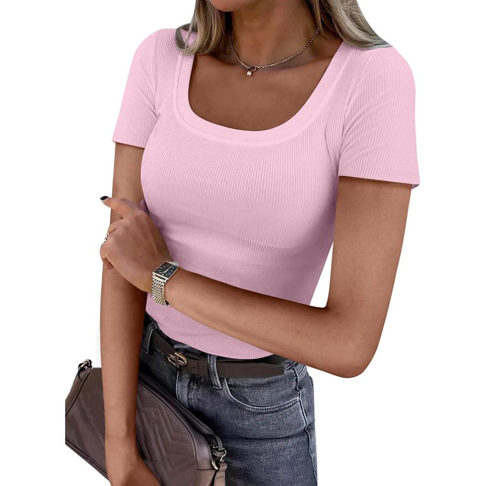 imageANRABESS Women Short Sleeve Tops Scoop Neck Ribbed Knit Slim Fitted Basic Tee Shirts 2025 Casual Summer Trendy ClothesPink