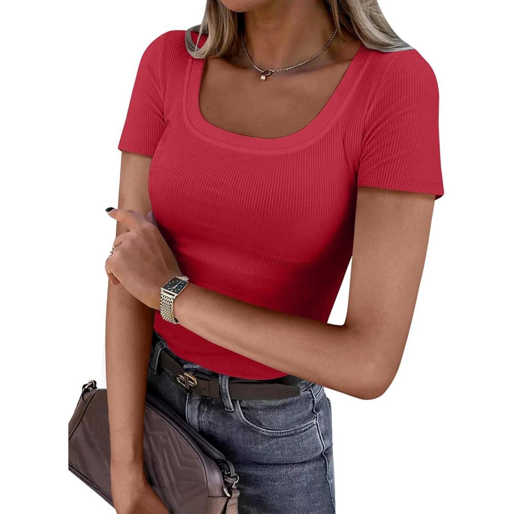 imageANRABESS Women Short Sleeve Tops Scoop Neck Ribbed Knit Slim Fitted Basic Tee Shirts 2025 Casual Summer Trendy ClothesRed