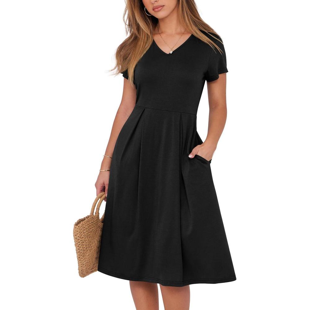 imageANRABESS Women Summer Dress Casual Short Sleeve V Neck ALine Knee Length Pleated Flowy 2025 Fashion Midi Dresses with PocketBlack