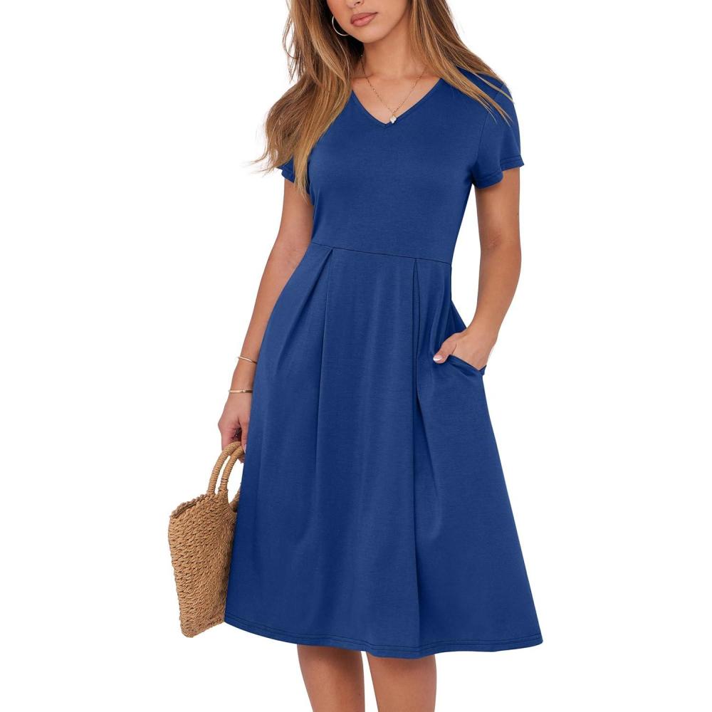 imageANRABESS Women Summer Dress Casual Short Sleeve V Neck ALine Knee Length Pleated Flowy 2025 Fashion Midi Dresses with PocketDark Blue