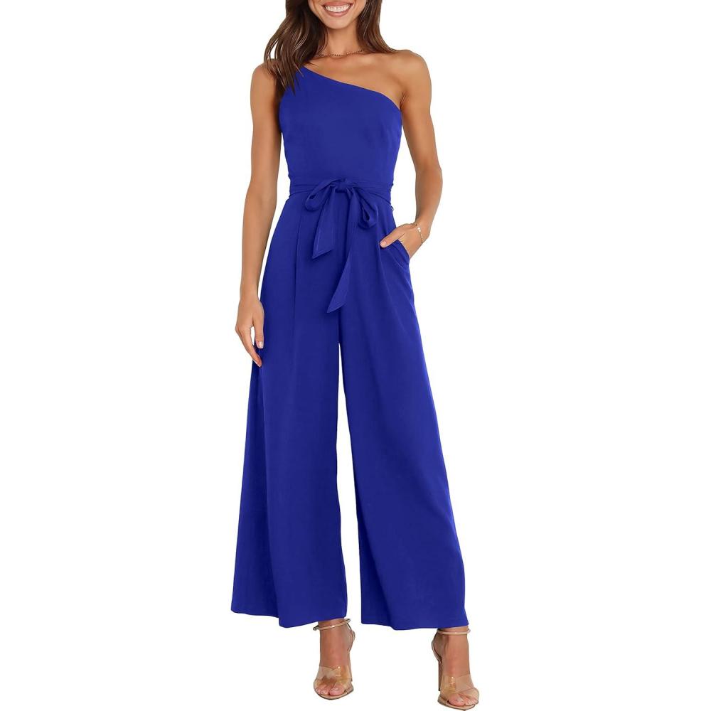 imageANRABESS Women Summer Dressy Jumpsuits One Shoulder Sleeveless Casual Wide Leg Pants Romper Jumper 2025 Trendy OutfitsRoyal Blue