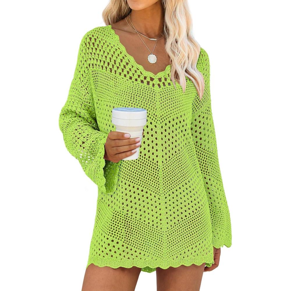 imageANRABESS Women Swimsuit Crochet Swim Cover Up Summer Bathing Suit Swimwear V Neck Mesh Knit Beach Dress 2025 Vacation OutfitsGreenyellow