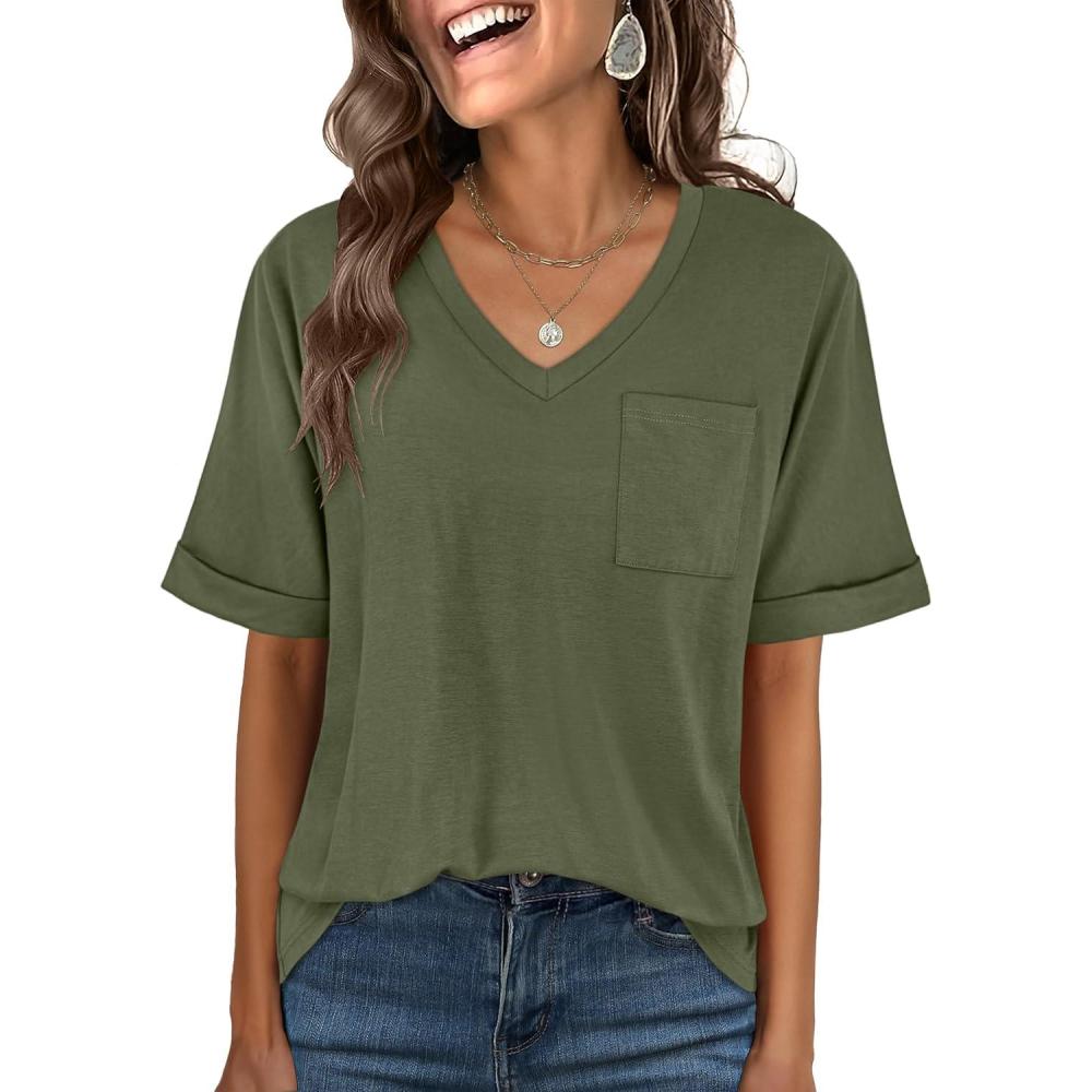 imageANRABESS Women T Shirts Oversized Short Sleeve V Neck 2025 Summer Casual Loose Tops Basic Tee Shirts Outfits with PocketArmy Green