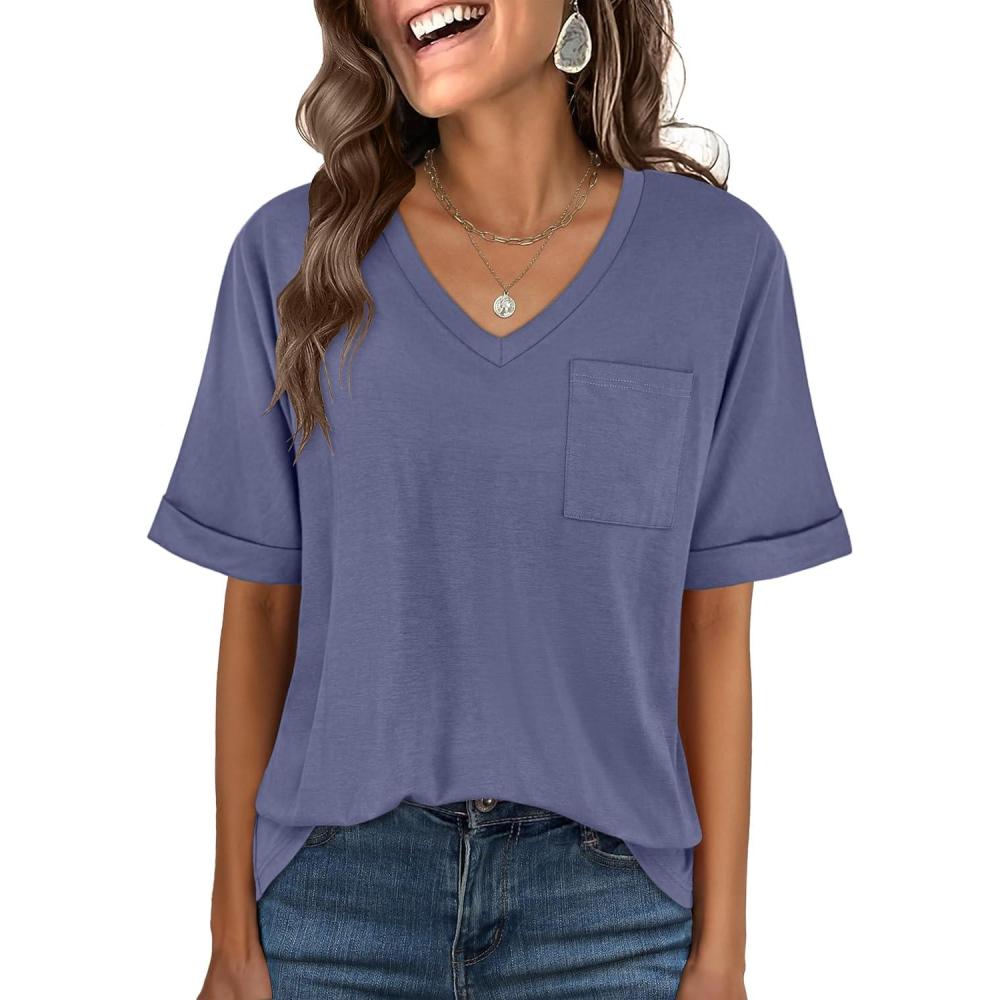 imageANRABESS Women T Shirts Oversized Short Sleeve V Neck 2025 Summer Casual Loose Tops Basic Tee Shirts Outfits with PocketBlue Purple
