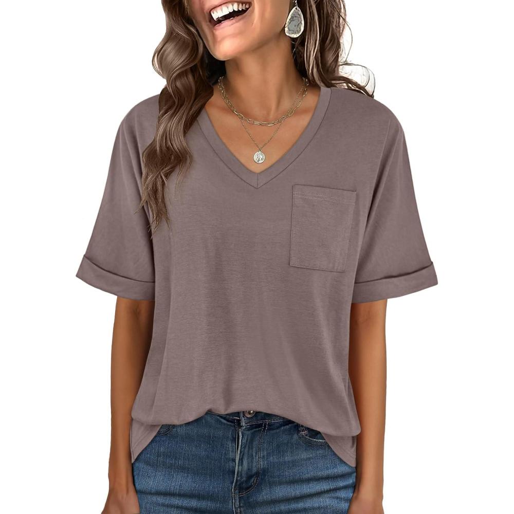 imageANRABESS Women T Shirts Oversized Short Sleeve V Neck 2025 Summer Casual Loose Tops Basic Tee Shirts Outfits with PocketBrown