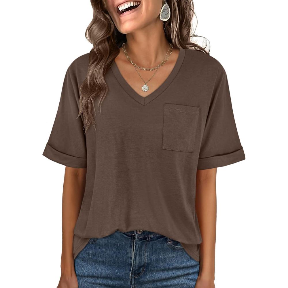 imageANRABESS Women T Shirts Oversized Short Sleeve V Neck 2025 Summer Casual Loose Tops Basic Tee Shirts Outfits with PocketDark Brown