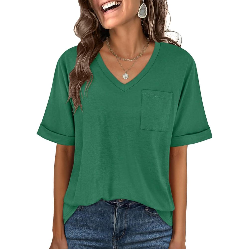 imageANRABESS Women T Shirts Oversized Short Sleeve V Neck 2025 Summer Casual Loose Tops Basic Tee Shirts Outfits with PocketGreen