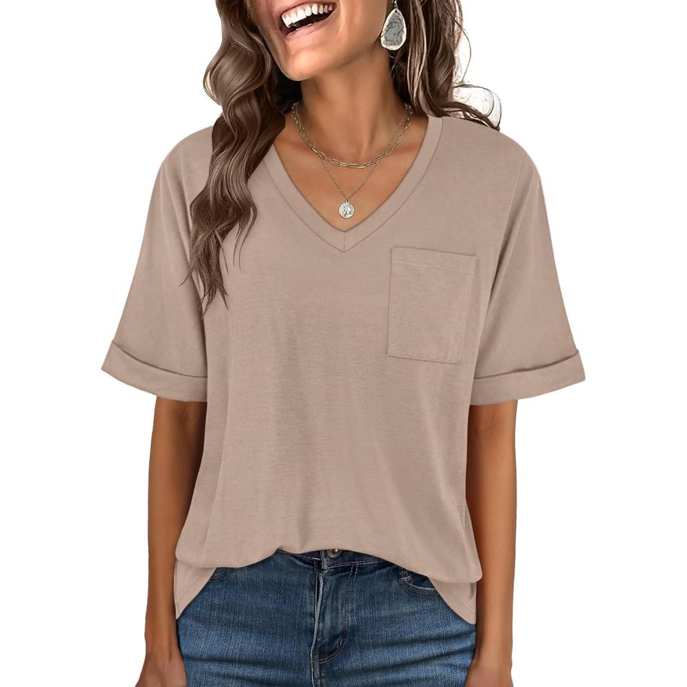 imageANRABESS Women T Shirts Oversized Short Sleeve V Neck 2025 Summer Casual Loose Tops Basic Tee Shirts Outfits with PocketKhaki