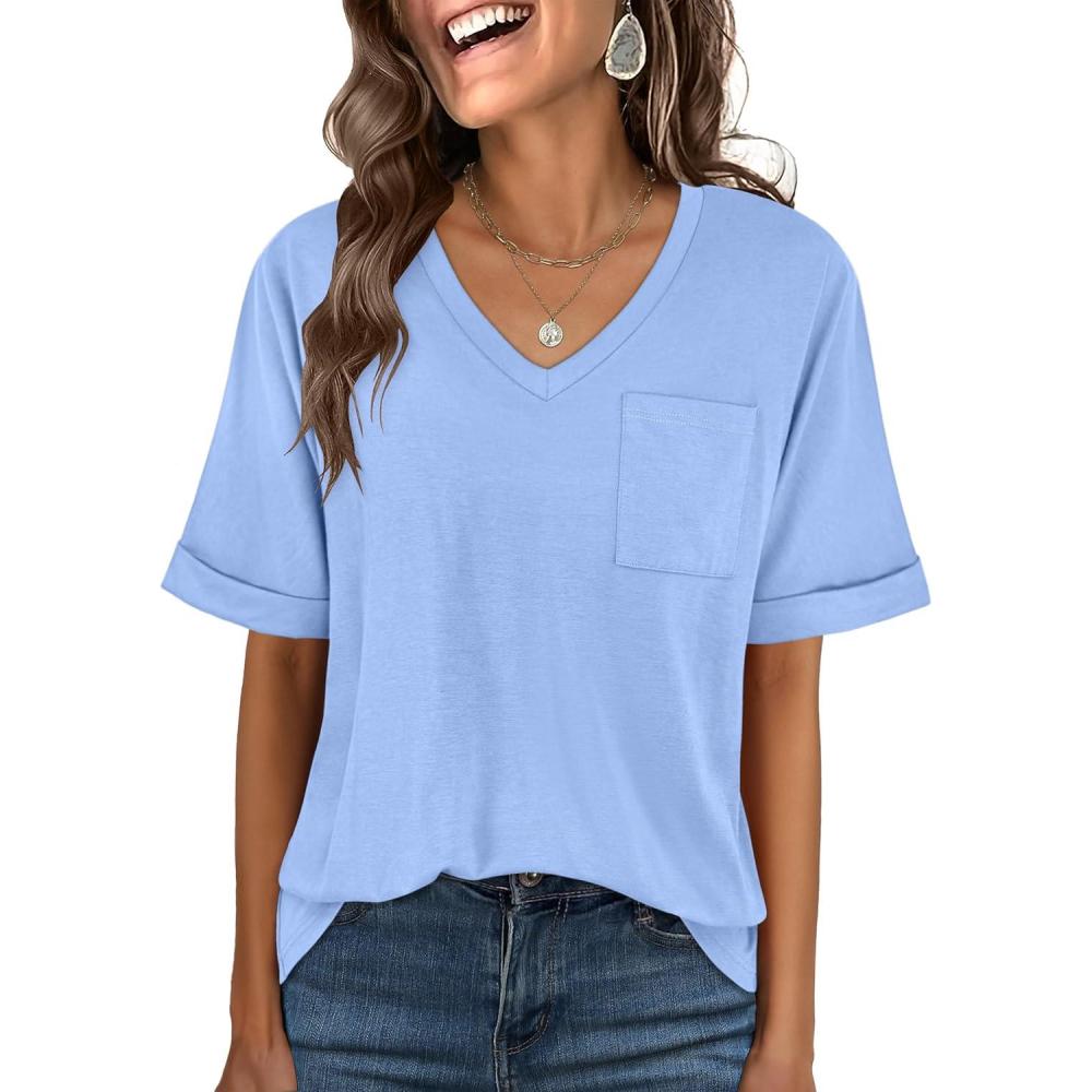 imageANRABESS Women T Shirts Oversized Short Sleeve V Neck 2025 Summer Casual Loose Tops Basic Tee Shirts Outfits with PocketLight Blue
