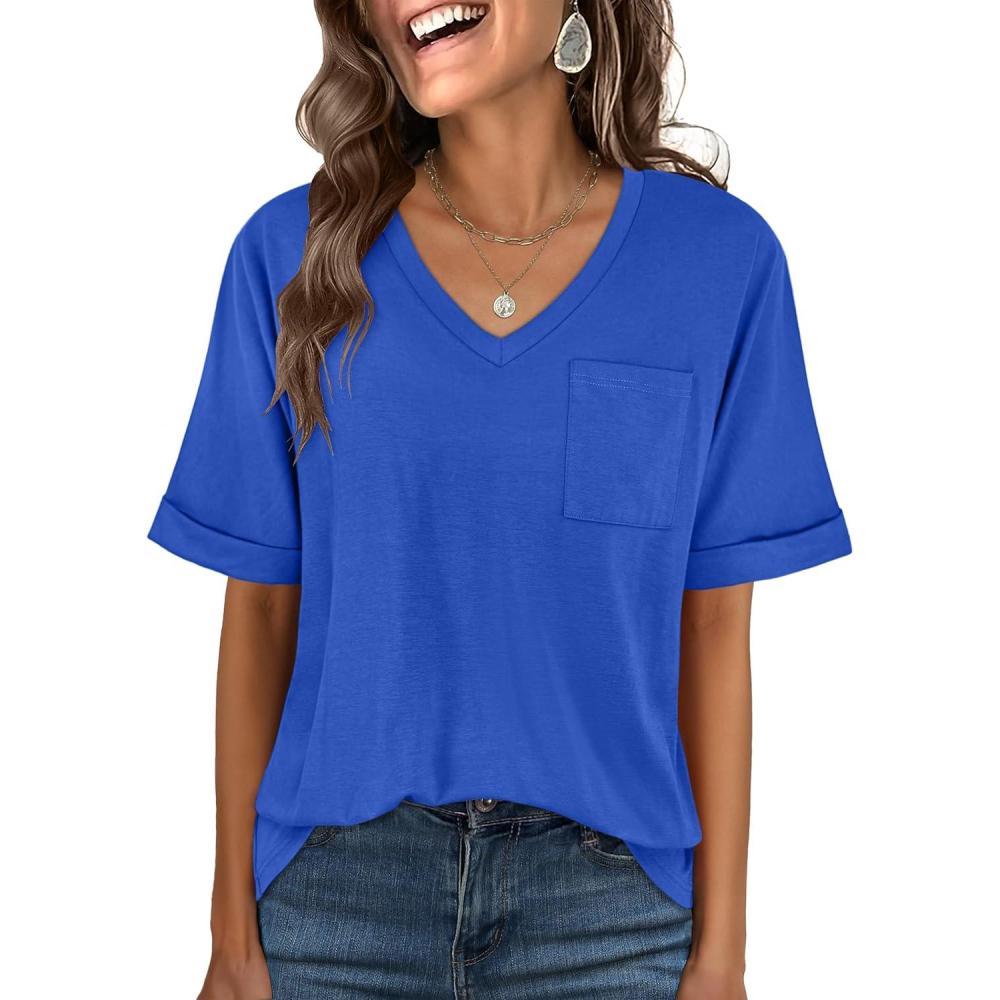 imageANRABESS Women T Shirts Oversized Short Sleeve V Neck 2025 Summer Casual Loose Tops Basic Tee Shirts Outfits with PocketRoyal Blue