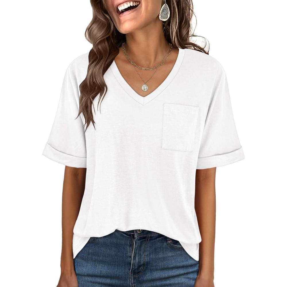 imageANRABESS Women T Shirts Oversized Short Sleeve V Neck 2025 Summer Casual Loose Tops Basic Tee Shirts Outfits with PocketWhite